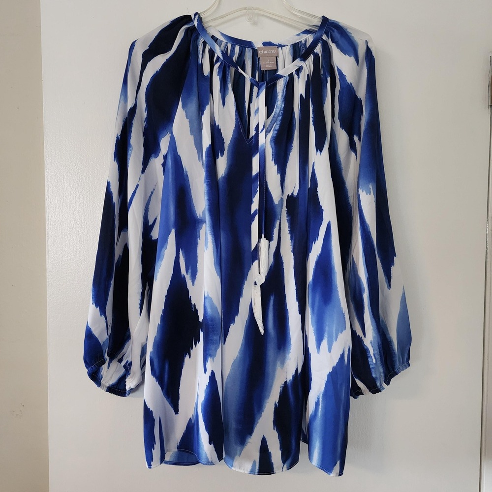 Chicos Blue White Abstract Watercolor Tie Neck Blouse XL 3 NWT 570288349